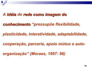 A idéia de rede como imagem do

conhecimento “pressupõe flexibilidade,

plasticidade, interatividade, adaptabilidade,

cooperação, parceria, apoio mútuo e auto-

organização” (Moraes, 1997: 96)

                                           30
 