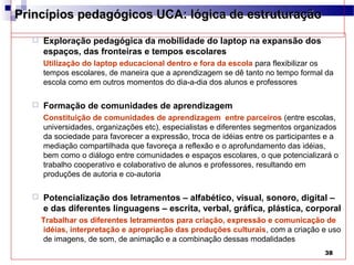 Princípios pedagógicos UCA: lógica de estruturação
     Exploração pedagógica da mobilidade do laptop na expansão dos
      espaços, das fronteiras e tempos escolares
      Utilização do laptop educacional dentro e fora da escola para flexibilizar os
      tempos escolares, de maneira que a aprendizagem se dê tanto no tempo formal da
      escola como em outros momentos do dia-a-dia dos alunos e professores

     Formação de comunidades de aprendizagem
      Constituição de comunidades de aprendizagem entre parceiros (entre escolas,
      universidades, organizações etc), especialistas e diferentes segmentos organizados
      da sociedade para favorecer a expressão, troca de idéias entre os participantes e a
      mediação compartilhada que favoreça a reflexão e o aprofundamento das idéias,
      bem como o diálogo entre comunidades e espaços escolares, o que potencializará o
      trabalho cooperativo e colaborativo de alunos e professores, resultando em
      produções de autoria e co-autoria

     Potencialização dos letramentos – alfabético, visual, sonoro, digital –
      e das diferentes linguagens – escrita, verbal, gráfica, plástica, corporal
      Trabalhar os diferentes letramentos para criação, expressão e comunicação de
      idéias, interpretação e apropriação das produções culturais, com a criação e uso
      de imagens, de som, de animação e a combinação dessas modalidades
                                                                                     38
 