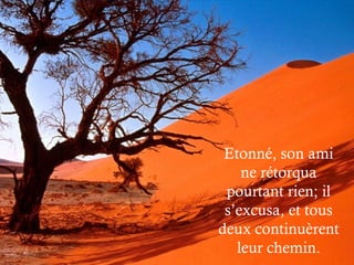 Etonné, son ami
ne rétorqua
pourtant rien; il
s’excusa, et tous
deux continuèrent
leur chemin.
 