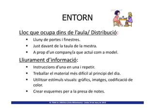 ENTORNENTORN
Lloc que ocupa dins de l’aula/ Distribució:
Lluny de portes i finestres.
Just davant de la taula de la mestra.
A prop d’un company/a que actuï com a model.
EL TDAH A L’ESCOLA (Cicle SEUminaris)– Lleida 24 de març de 2015
Lliurament d’informació:
Instruccions d’una en una i repetir.
Treballar el material més difícil al principi del dia.
Utilitzar estímuls visuals: gràfics, imatges, codificació de
color.
Crear esquemes per a la presa de notes.
 