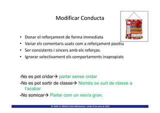 Modificar Conducta
• Donar el reforçament de forma immediata
• Variar els comentaris usats com a reforçament positiu
• Ser consistents i sincers amb els reforços.
• Ignorar selectivament els comportaments inapropiats
EL TDAH A L’ESCOLA (Cicle SEUminaris)– Lleida 24 de març de 2015
• Ignorar selectivament els comportaments inapropiats
-No es pot cridar parlar sense cridar
-No es pot sortir de classe Només se surt de classe a
l’acabar
-No somicar Parlar com un nen/a gran.
 