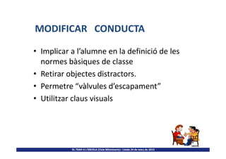 • Implicar a l’alumne en la definició de les
normes bàsiques de classe
• Retirar objectes distractors.
MODIFICAR CONDUCTA
EL TDAH A L’ESCOLA (Cicle SEUminaris)– Lleida 24 de març de 2015
• Permetre “vàlvules d’escapament”
• Utilitzar claus visuals
 