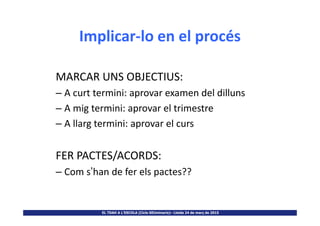 Implicar-lo en el procés
MARCAR UNS OBJECTIUS:
– A curt termini: aprovar examen del dilluns
– A mig termini: aprovar el trimestre
EL TDAH A L’ESCOLA (Cicle SEUminaris)– Lleida 24 de març de 2015
– A mig termini: aprovar el trimestre
– A llarg termini: aprovar el curs
FER PACTES/ACORDS:
– Com s’han de fer els pactes??
 