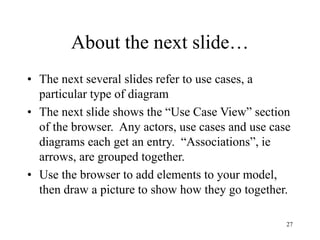 27
About the next slide…
• The next several slides refer to use cases, a
particular type of diagram
• The next slide shows the “Use Case View” section
of the browser. Any actors, use cases and use case
diagrams each get an entry. “Associations”, ie
arrows, are grouped together.
• Use the browser to add elements to your model,
then draw a picture to show how they go together.
 