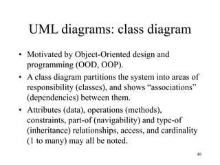 40
UML diagrams: class diagram
• Motivated by Object-Oriented design and
programming (OOD, OOP).
• A class diagram partitions the system into areas of
responsibility (classes), and shows “associations”
(dependencies) between them.
• Attributes (data), operations (methods),
constraints, part-of (navigability) and type-of
(inheritance) relationships, access, and cardinality
(1 to many) may all be noted.
 