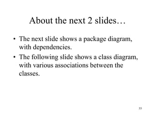 55
About the next 2 slides…
• The next slide shows a package diagram,
with dependencies.
• The following slide shows a class diagram,
with various associations between the
classes.
 