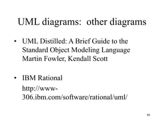 80
UML diagrams: other diagrams
• UML Distilled: A Brief Guide to the
Standard Object Modeling Language
Martin Fowler, Kendall Scott
• IBM Rational
http://www-
306.ibm.com/software/rational/uml/
 