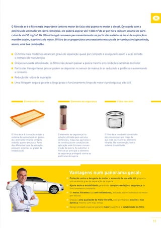 O filtro de ar é o filtro mais importante tanto no motor de ciclo otto quanto no motor a diesel. De acordo com a
potência de um motor de carro comercial, ele poderá aspirar até 1.500 m³ de ar por hora com um volume de partículas de até 50 mg/m³. Os filtros Hengst removem permanentemente as partículas exteriores do ar de aspiração e
mantêm assim, a potência do motor. O filtro de ar proporciona uma excelente mistura de ar-combustível garantindo,
assim, uma boa combustão.
	Os filtros mais modernos alcançam graus de separação quase por completo e asseguram assim a ação de todo
o intervalo de manutenção
	Graças à elevada estabilidade, os filtros não deixam passar a poeira mesmo em condições extremas do motor
	Partículas transportadas pelo ar podem se depositar no sensor de massa do ar reduzindo a potência e aumentando
o consumo
	Redução de ruídos de aspiração
	Uma filtragem segura garante a longo prazo o funcionamento limpo do motor e prolonga sua vida útil

Elemento filtrante

O filtro de ar é o coração de todo o
sistema de aspiração do ar, podendo o elemento filtrante ser tanto
redondo quanto em placa. Parte
dos diferentes tipos de aplicação
possuem sistemas ou grades de
estabilização.

Elemento de segurança

O elemento de segurança é a
solução utilizada para veículos
comerciais, máquinas agrícolas e
de construção em condições de
aplicação onde há maior concentração de poeira. Ao substituir o
filtro de ar principal o elemento
de segurança protegerá contra as
partículas de sujeira.

Filtro roscável

O filtro de ar roscável é constituído
por uma carcaça em chapa de
aço onde se encontra o elemento
filtrante. Na manutenção, todo o
sistema é substituído.

Vantagens num panorama geral:
	 Proteção contra o desgaste do motor e aumento de sua vida útil graças a
um excelente grau de separação de sujeira
	 Ajuste exato e estabilidade garantindo completa vedação e segurança de
funcionamento constante
	Os meios filtrantes são anti-inflamáveis, evitando assim incêndios no motor
por faíscas
	 Graças à alta qualidade do meio filtrante, este permanece estável e não
danifica mesmo com mau tempo
	 Design plissado especial garante maior superfície e estabilidade do filtro

11

 