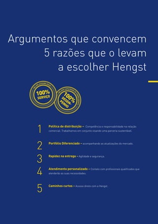 Argumentos que convencem
5 razões que o levam
100%
a escolher Hengst
LHOR ACESS
ME
IBI
L

E
AD
ID

SER
VIÇO

LHOR ACESS
ME
IBI
L

MEL
HO
R

M

ME

ME

ME
L

NH MO

CIMENTO
RNE
FO

LHOR ACESSIB
ME
IL
I

SER

10 100%
DE 0 SERVICE
PE SE %
E

100I%
V ÇO

ACESSIBILIDAD
OR
E
LH
A
R CAP CIDADE
HO
D
EL

CIDADE DE FOR
PA
N
CA

100%
DE
SEMPENHO

ENTO
IM
EC

DE
DA

CESSIBILIDA
RA
DE

VOCE
LHI

HO
ME

E
AD
ID

100%
SER

ADO E PREMIA
GE
DO
NA

CESSIBILIDAD
RA
E
HO

O
IAD
EM

NAGEADO E
ME
PR
HO

1
2
3
4
5

Política de distribuição – Competência e responsabilidade na relação
comercial. Trabalhamos em conjunto visando uma parceria sustentável.

Portfólio Diferenciado – acompanhando as atualizações do mercado.

Rapidez na entrega – Agilidade e segurança.

Atendimento personalizado – Contato com profissionais qualificados que
atenderão as suas necessidades.

Caminhos curtos – Acesso direto com a Hengst.

 