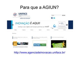 Para que a AGIUN?
http://www.agenciadeinovacao.unifacs.br/
 