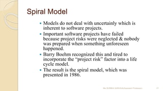 Spiral Model
 Models do not deal with uncertainly which is
inherent to software projects.
 Important software projects have failed
because project risks were neglected & nobody
was prepared when something unforeseen
happened.
 Barry Boehm recognized this and tired to
incorporate the “project risk” factor into a life
cycle model.
 The result is the spiral model, which was
presented in 1986.
Ms SURBHI SAROHA(Assistant Professor) 21
 