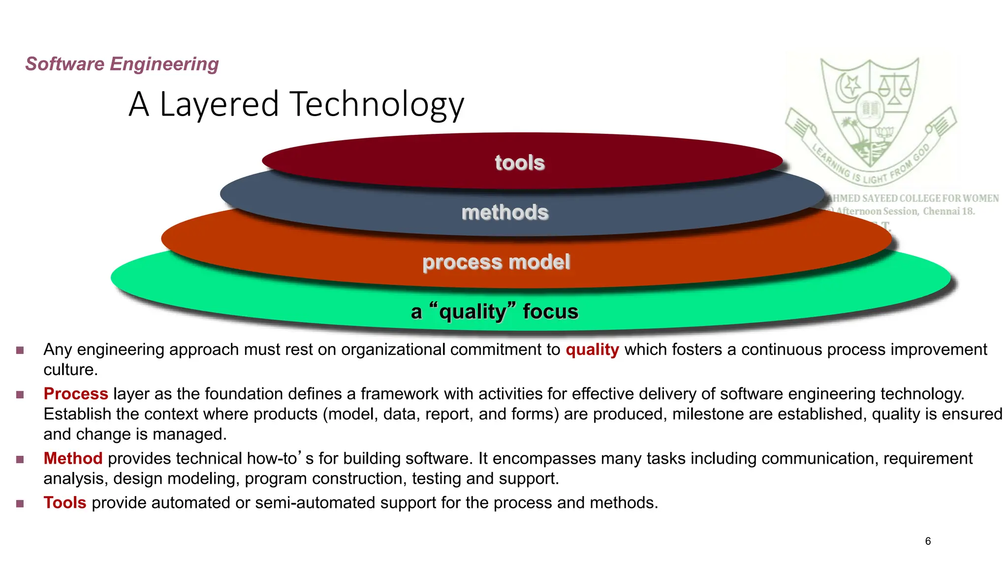 A Layered Technology
6
Software Engineering
a “quality” focus
process model
methods
tools
 Any engineering approach must rest on organizational commitment to quality which fosters a continuous process improvement
culture.
 Process layer as the foundation defines a framework with activities for effective delivery of software engineering technology.
Establish the context where products (model, data, report, and forms) are produced, milestone are established, quality is ensured
and change is managed.
 Method provides technical how-to’s for building software. It encompasses many tasks including communication, requirement
analysis, design modeling, program construction, testing and support.
 Tools provide automated or semi-automated support for the process and methods.
 