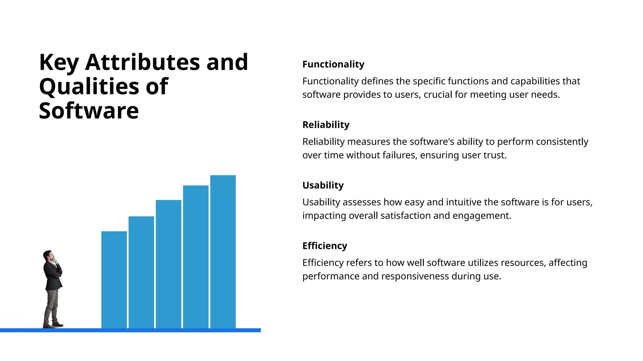Key Attributes and
Qualities of
Software
Functionality
Functionality defines the specific functions and capabilities that
software provides to users, crucial for meeting user needs.
Reliability
Reliability measures the software's ability to perform consistently
over time without failures, ensuring user trust.
Usability
Usability assesses how easy and intuitive the software is for users,
impacting overall satisfaction and engagement.
Efficiency
Efficiency refers to how well software utilizes resources, affecting
performance and responsiveness during use.
 