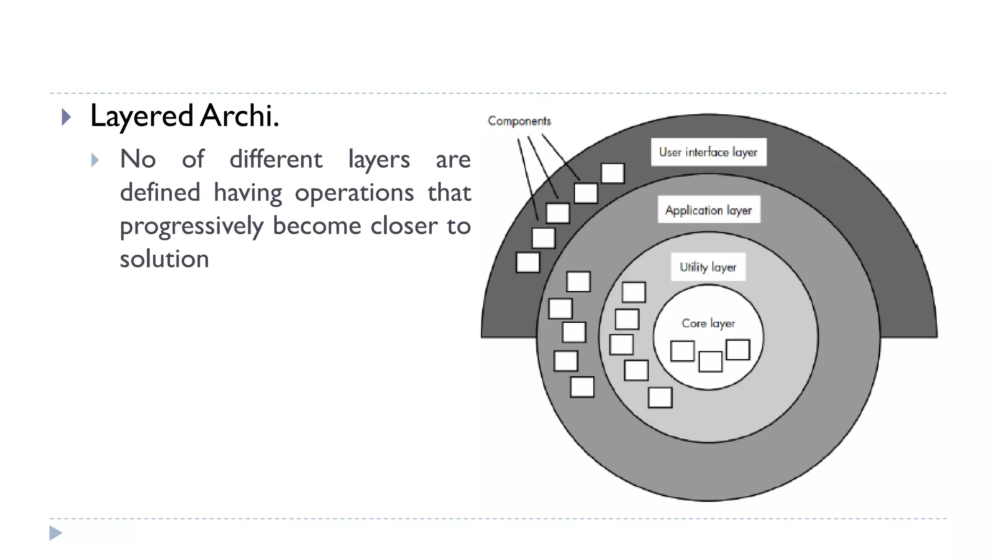  Layered Archi.
 No of different layers are
defined having operations that
progressively become closer to
solution
 