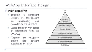WebApp Interface Design
 Main objectives
 Establish a consistent
window into the content
an functionality that
provided by the interface
 Guide the user with series
of interactions with the
WebApp
 Organize the navigation
option and content
available to the user
 