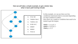 Here we will take a simple example, to get a better idea
what is basis path testing include
In this example, we can see there are few
conditional statements that is executed depending
on what condition it suffice.
Here there are 3 paths or condition that need to be
tested to get the output,
•Path 1: 1,2,3,5,6, 7
•Path 2: 1,2,4,5,6, 7
•Path 3: 1, 6, 7
 