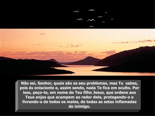 Não sei, Senhor, quais são os seu problemas, mas Tu  sabes, pois és onisciente e, assim sendo, nada Te fica em oculto. Por isso, peço-te, em nome do Teu filho Jesus, que ordene aos Teus anjos que acampem ao redor dela, protegendo-a e livrando-a de todos os males, de todas as setas inflamadas do inimigo. 