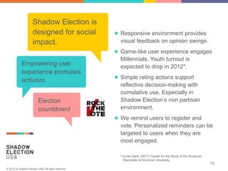 Shadow Election is
                      designed for social             ● Responsive environment provides
                      impact.                           visual feedback on opinion swings.
                                                      ● Game-like user experience engages
                                                        Millennials. Youth turnout is
             Empowering user                            expected to drop in 2012*.
             experience promotes
             activism.                                ● Simple rating actions support
                                                        reflective decision-making with
                                                        cumulative use. Especially in
                           Election                     Shadow Election’s non partisan
                           countdown!                   environment.
                                                      ● We remind users to register and
                                                        vote. Personalized reminders can be
                                                        targeted to users when they are
                                                        most engaged.

                                                        * Curtis Gans, (2011) Center for the Study of the American
                                                          Electorate at American University
                                                                                                                     13
© 2012 by Shadow Election USA. All rights reserved.
 
