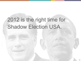 2012 is the right time for
            Shadow Election USA.




© 2012 by Shadow Election USA. All rights reserved.   15
 