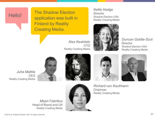 Kellie Hodge
                                     The Shadow Election                                  Director
     Hello!                          application was built in                             Shadow Election USA
                                                                                          Reality Creating Media
                                     Finland by Reality
                                     Creating Media.

                                                                                                                   Duncan Goldie-Scot
                                                                    Alex Keskitalo                                 Director
                                                                                 CTO                               Shadow Election USA
                                                                 Reality Creating Media                            Reality Creating Media




               Juha Mattila
                              CEO
     Reality Creating Media

                                                                                          Richard von Kaufmann
                                                                                          Chairman
                                                                                          Reality Creating Media


                                            Maari Fabritius
                                   Head of Brand and UX
                                        Reality Creating Media

© 2012 by Shadow Election USA. All rights reserved.                                                                                         21
 