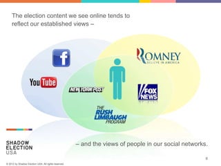 The election content we see online tends to
    reflect our established views –




                                                      – and the views of people in our social networks.

                                                                                                      8
© 2012 by Shadow Election USA. All rights reserved.
 