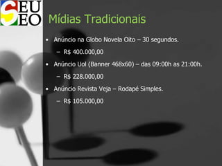 Mídias Tradicionais
• Anúncio na Globo Novela Oito – 30 segundos.
– R$ 400.000,00
• Anúncio Uol (Banner 468x60) – das 09:00h as 21:00h.
– R$ 228.000,00
• Anúncio Revista Veja – Rodapé Simples.
– R$ 105.000,00
 