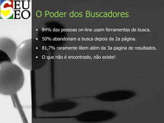 O Poder dos Buscadores
• 84% das pessoas on-line usam ferramentas de busca.
• 50% abandonam a busca depois da 2a página.
• 81,7% raramente lêem além da 3a pagina de resultados.
• O que não é encontrado, não existe!
 