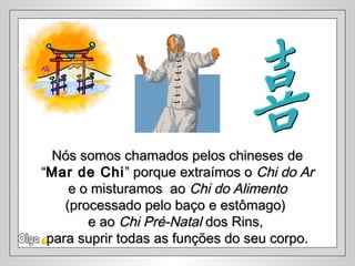Nós somos chamados pelos chineses deNós somos chamados pelos chineses de
““Mar de ChiMar de Chi” porque extraímos o” porque extraímos o Chi do ArChi do Ar
e o misturamos aoe o misturamos ao Chi do AlimentoChi do Alimento
(processado pelo baço e estômago)(processado pelo baço e estômago)
e aoe ao Chi Pré-NatalChi Pré-Natal dos Rins,dos Rins,
para suprir todas as funções do seu corpo.para suprir todas as funções do seu corpo.
 