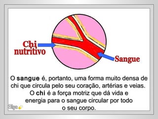 OO sanguesangue é, portanto, uma forma muito densa deé, portanto, uma forma muito densa de
chi que circula pelo seu coração, artérias e veias.chi que circula pelo seu coração, artérias e veias.
OO chichi é a força motriz que dá vida eé a força motriz que dá vida e
energia para o sangue circular por todoenergia para o sangue circular por todo
o seu corpo.o seu corpo.
 