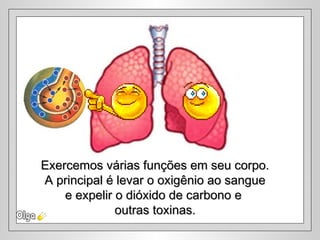 Exercemos várias funções em seu corpo.Exercemos várias funções em seu corpo.
A principal é levar o oxigênio ao sangueA principal é levar o oxigênio ao sangue
e expelir o dióxido de carbono ee expelir o dióxido de carbono e
outras toxinas.outras toxinas.
 