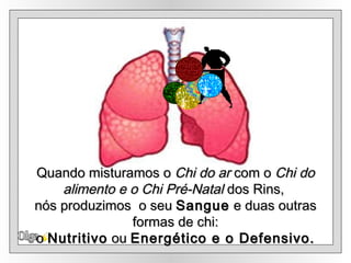 Olga Quando misturamos o  Chi do ar  com o  Chi do alimento e o Chi Pré-Natal  dos Rins,  nós produzimos  o seu  Sangue  e duas outras formas de chi: o  Nutritivo  ou  Energético e o Defensivo. 