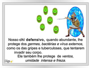 Nosso  chi defensivo,  quando abundante, lhe protege dos  germes, bactérias e vírus externos , como os das gripes e tuberculoses, que tentarem invadir seu corpo.  Olga Ele também lhe protege  de  ventos, umidade  intensa e frieza . 
