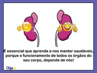 É essencial que aprenda a nos manter saudáveis, porque o funcionamento de todos os órgãos do seu corpo, depende de nós! Olga 