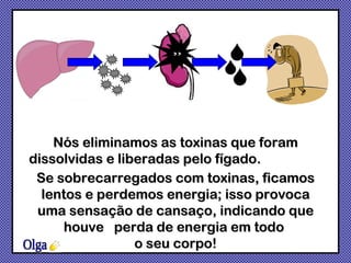Nós eliminamos as toxinas que foram dissolvidas e liberadas pelo fígado.  Olga Se sobrecarregados com toxinas, ficamos lentos e perdemos energia; isso provoca uma sensação de cansaço, indicando que houve  perda de energia em todo  o seu corpo! 