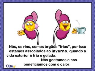 Nós, os rins, somos órgãos “frios”, por isso estamos associados ao  inverno , quando a vida exterior é fria e gelada.  Nós gostamos e nos beneficiamos com o calor.   Olga 