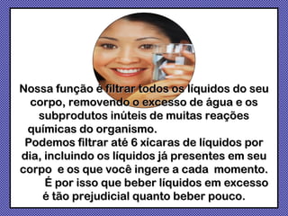 Nossa função é filtrar todos os líquidos do seu corpo, removendo o excesso de água e os subprodutos inúteis de muitas reações químicas do organismo.  Podemos filtrar até 6 xícaras de líquidos por dia, incluindo os líquidos já presentes em seu corpo  e os que você ingere a cada  momento.  É por isso que beber líquidos em excesso é tão prejudicial quanto beber pouco. 