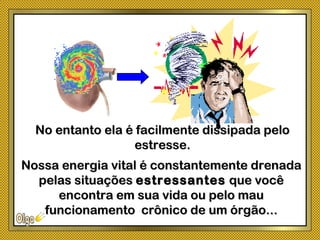 No entanto ela é facilmente dissipada peloNo entanto ela é facilmente dissipada pelo
estresse.estresse.
Nossa energia vital é constantemente drenadaNossa energia vital é constantemente drenada
pelas situaçõespelas situações estressantesestressantes que vocêque você
encontra em sua vida ou pelo mauencontra em sua vida ou pelo mau
funcionamento crônico de um órgão...funcionamento crônico de um órgão...
 