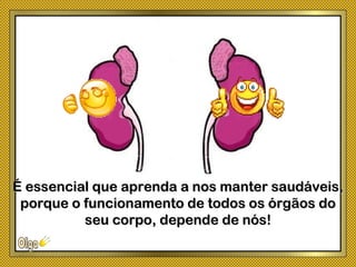 É essencial que aprenda a nos manter saudáveis,É essencial que aprenda a nos manter saudáveis,
porque o funcionamento de todos os órgãos doporque o funcionamento de todos os órgãos do
seu corpo, depende de nós!seu corpo, depende de nós!
 