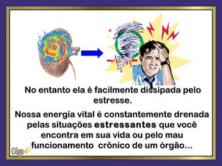 No entanto ela é facilmente dissipada pelo
                  estresse.
Nossa energia vital é constantemente drenada
  pelas situações estressantes que você
     encontra em sua vida ou pelo mau
   funcionamento crônico de um órgão...
 