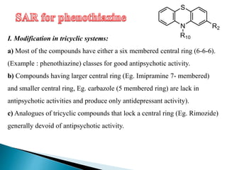 I. Modification in tricyclic systems:
a) Most of the compounds have either a six membered central ring (6-6-6).
(Example : phenothiazine) classes for good antipsychotic activity.
b) Compounds having larger central ring (Eg. Imipramine 7- membered)
and smaller central ring, Eg. carbazole (5 membered ring) are lack in
antipsychotic activities and produce only antidepressant activity).
c) Analogues of tricyclic compounds that lock a central ring (Eg. Rimozide)
generally devoid of antipsychotic activity.
N
S
R10
R2
 