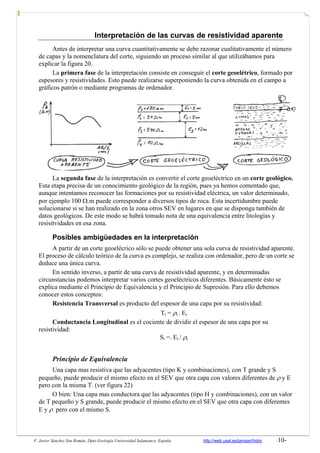 F. Javier Sánchez San Román. Dpto Geología Universidad Salamanca. España http://web.usal.es/javisan/hidro -10-
Interpretación de las curvas de resistividad aparente
Antes de interpretar una curva cuantitativamente se debe razonar cualitativamente el número
de capas y la nomenclatura del corte, siguiendo un proceso similar al que utilizábamos para
explicar la figura 20.
La primera fase de la interpretación consiste en conseguir el corte geoelétrico, formado por
espesores y resistividades. Esto puede realizarse superponiendo la curva obtenida en el campo a
gráficos patrón o mediante programas de ordenador.
La segunda fase de la interpretación es convertir el corte geoeléctrico en un corte geológico.
Esta etapa precisa de un conocimiento geológico de la región, pues ya hemos comentado que,
aunque intentamos reconocer las formaciones por su resistividad eléctrica, un valor determinado,
por ejemplo 100 Ω.m puede corresponder a diversos tipos de roca. Esta incertidumbre puede
solucionarse si se han realizado en la zona otros SEV en lugares en que se disponga también de
datos geológicos. De este modo se habrá tomado nota de una equivalencia entre litologías y
resisitvidades en esa zona.
Posibles ambigüedades en la interpretación
A partir de un corte geoelécrico sólo se puede obtener una sola curva de resistividad aparente.
El proceso de cálculo teórico de la curva es complejo, se realiza con ordenador, pero de un corte se
deduce una única curva.
En sentido inverso, a partir de una curva de resistividad aparente, y en determinadas
circunstancias podemos interpretar varios cortes geoeléctricos diferentes. Básicamente ésto se
explica mediante el Principio de Equivalencia y el Principio de Supresión. Para ello debemos
conocer estos conceptos:
Resistencia Transversal es producto del espesor de una capa por su resistividad:
Ti = ρi . Ei
Conductancia Longitudinal es el cociente de dividir el espesor de una capa por su
resistividad:
Si =. Ei / ρi
Principio de Equivalencia
Una capa mas resistiva que las adyacentes (tipo K y combinaciones), con T grande y S
pequeño, puede producir el mismo efecto en el SEV que otra capa con valores diferentes de ρ y E
pero con la misma T. (ver figura 22)
O bien: Una capa mas conductora que las adyacentes (tipo H y combinaciones), con un valor
de T pequeño y S grande, puede producir el mismo efecto en el SEV que otra capa con diferentes
E y ρ pero con el mismo S.
 