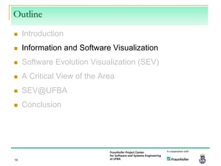 Outline
    Introduction
    Information and Software Visualization
    Software Evolution Visualization (SEV)
    A Critical View of the Area
    SEV@UFBA
    Conclusion




14
 