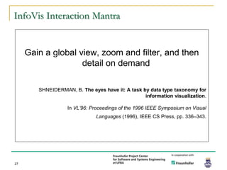 InfoVis Interaction Mantra


     Gain a global view, zoom and filter, and then
                    detail on demand

        SHNEIDERMAN, B. The eyes have it: A task by data type taxonomy for
                                                  information visualization.

                   In VL’96: Proceedings of the 1996 IEEE Symposium on Visual
                               Languages (1996), IEEE CS Press, pp. 336–343.




27
 