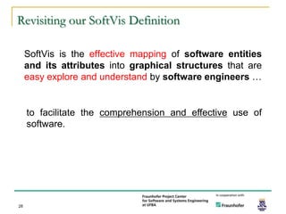 Revisiting our SoftVis Definition

     SoftVis is the effective mapping of software entities
     and its attributes into graphical structures that are
     easy explore and understand by software engineers …


     to facilitate the comprehension and effective use of
     software.




28
 