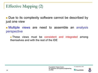 Effective Mapping (2)

 Due to its complexity software cannot be described by
just one view
Multiple views are need to assemble an analysis
perspective
      These views must be consistent and integrated among
     themselves and with the rest of the IDE




30
 