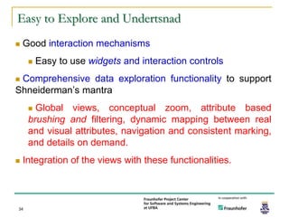 Easy to Explore and Undertsnad
   Good interaction mechanisms
        Easy to use widgets and interaction controls
Comprehensive data exploration functionality to support
Shneiderman’s mantra
      Global views, conceptual zoom, attribute based
     brushing and filtering, dynamic mapping between real
     and visual attributes, navigation and consistent marking,
     and details on demand.
   Integration of the views with these functionalities.



34
 