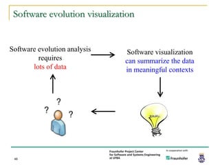 Software evolution visualization


Software evolution analysis   Software visualization
         requires             can summarize the data
       lots of data           in meaningful contexts




 46
 