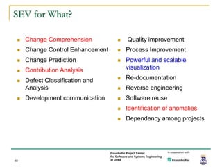 SEV for What?

    Change Comprehension            Quality improvement
    Change Control Enhancement      Process Improvement
    Change Prediction               Powerful and scalable
    Contribution Analysis            visualization

    Defect Classification and       Re-documentation
     Analysis                        Reverse engineering
    Development communication       Software reuse
                                     Identification of anomalies
                                     Dependency among projects




49
 