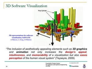 3D Software Visualization




     3D representations for software
        visualization, SoftVis’03
      A Marcus, L Feng, JI Maletic




“The inclusion of aesthetically appealing elements such as 3D graphics
   and animation not only increases the design’s appeal,
   intuitiveness, and memorability of a visualization but also eases
   perception of the human visual system” (Teyseyre, 2009)


85
 
