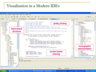 Visualization in a Modern IDEs



                           pretty printing

    hierarchical
     structure




                                              iconographic
                                             representation
                        syntax based
                          coloring




9
 